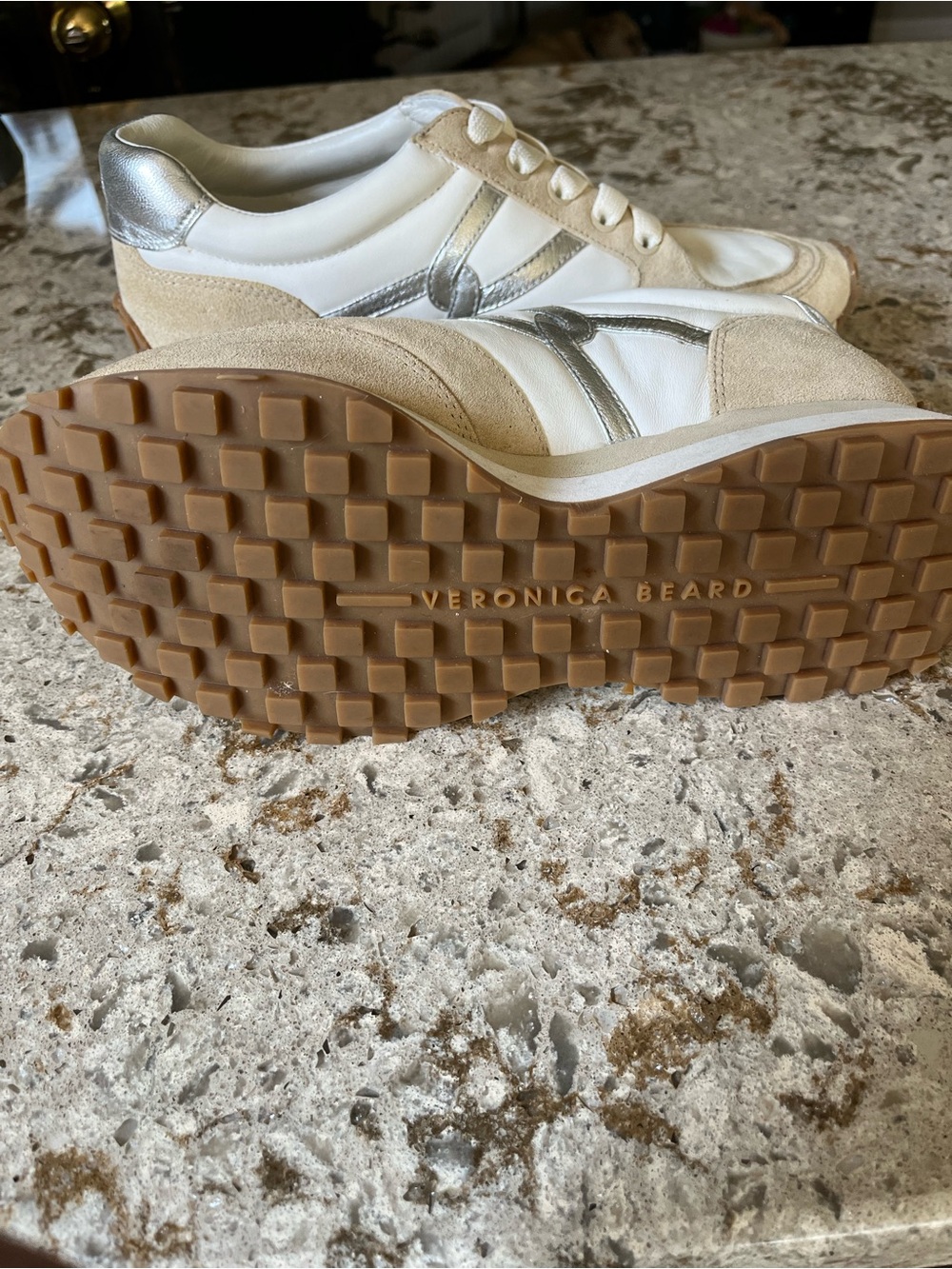 Veronica Beard White, Silver & Tan Suede Runner Sneakers